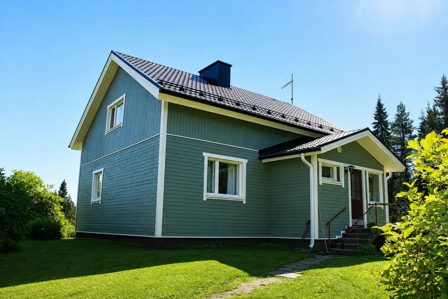 Vihreä puutalo, jonka julkisivu on maalattu ja katto tumma, seisoo nurmikolla aurinkoisena päivänä.