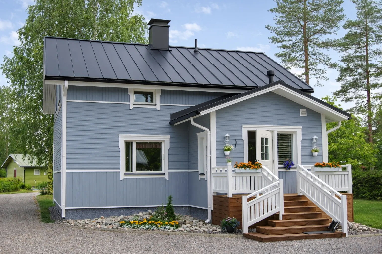 Vaaleansinisen puutalon julkisivu ja tumma peltikatto erottuvat selkeästi, valkoisten ikkunanpielien ja kuistin korostaessa rakennuksen yksityiskohtia.